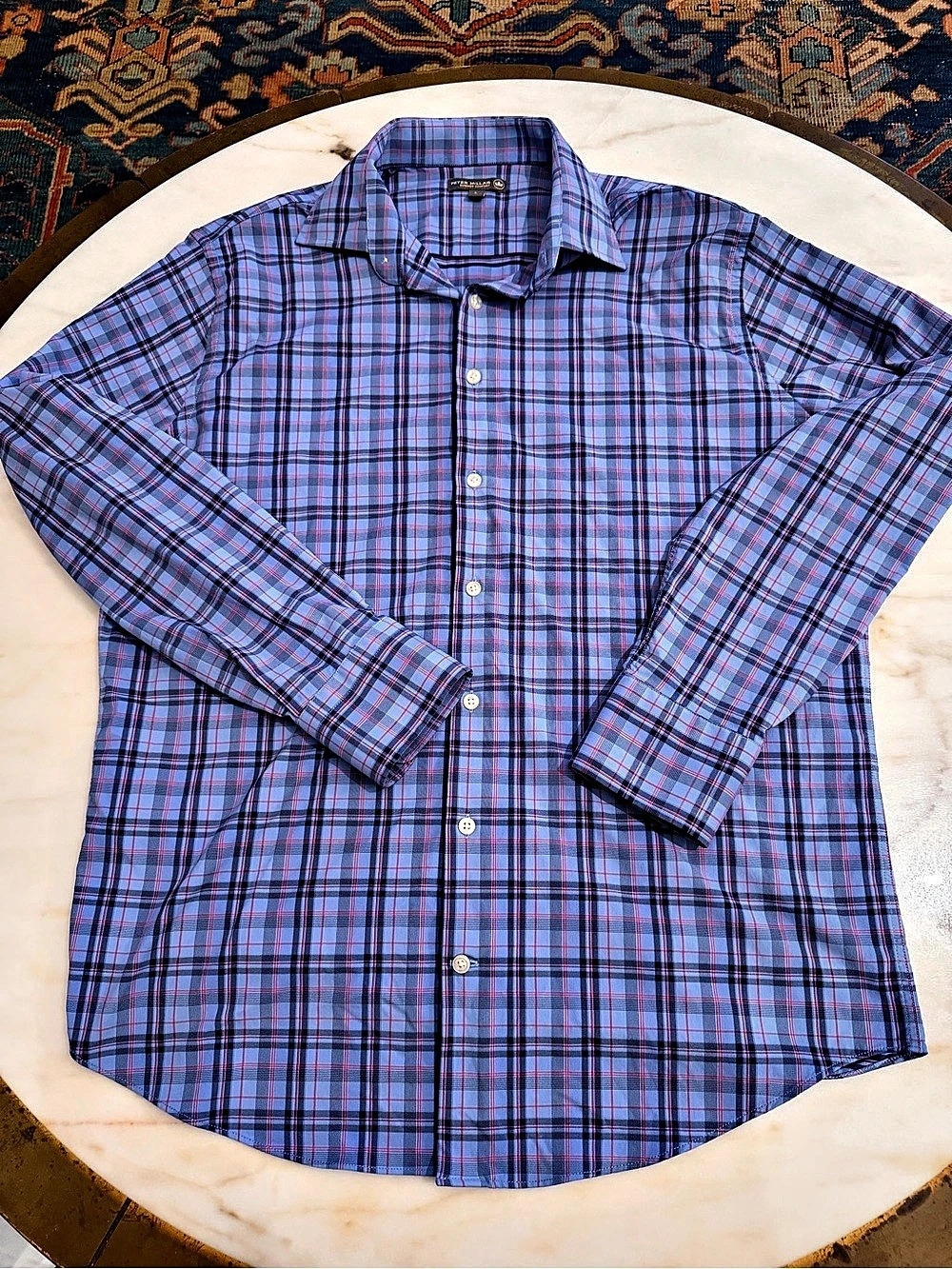 Peter Millar Summer Comfort Plaid Button Down in Blue & Purple Large Like New